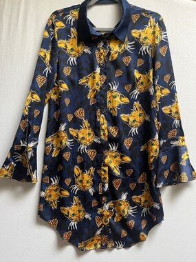 Quirky Navy Cat & Leopard Heart Print Silk-Blend Button-Down Tunic Dress Sz L